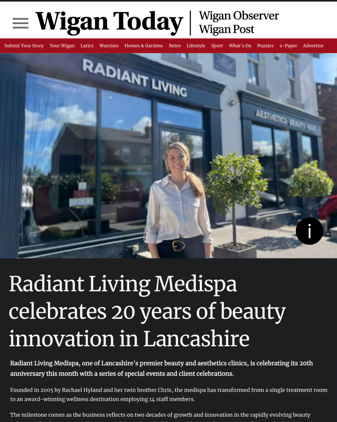 Radiant Living featured in Wigan Observer celebrating 20 years