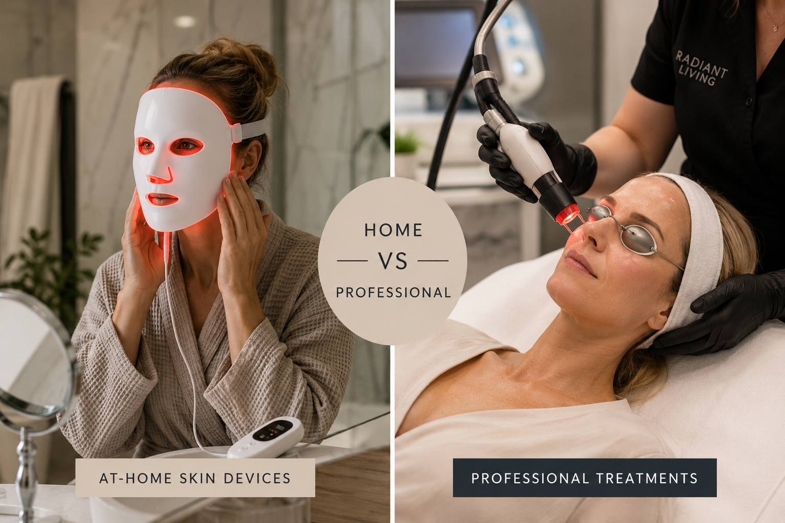 Woman using an at-home LED face mask compared with a client receiving a professional skin treatment in a clinic.